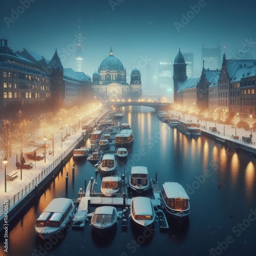 A riverfront with snow lights from boats creating a serene winte photo