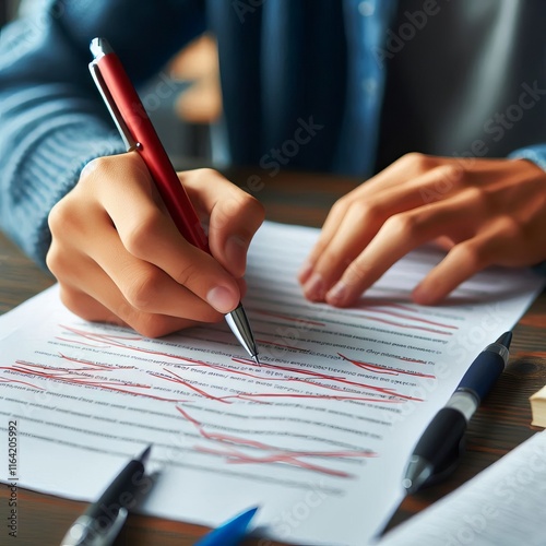 Student writing an essay A pen poised over paper with crossed ou