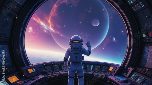 Fototapeta Naklejka Na Ścianę i Meble -  A man in a space suit is looking out of a window in a spaceship. The scene is set in a space station with a view of the Earth and the stars