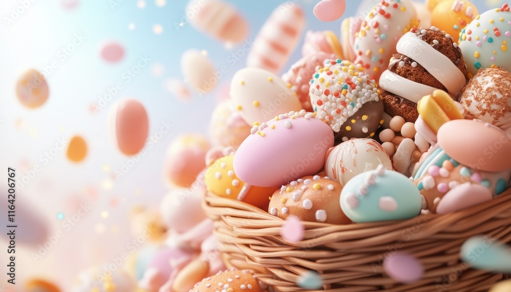 Obraz premium Celebrate Easter with a basket overflowing with seasonal treats, perfect for a family feast This image captures the joy of the holiday, showcasing colorful pastel candies and delicious baked goods