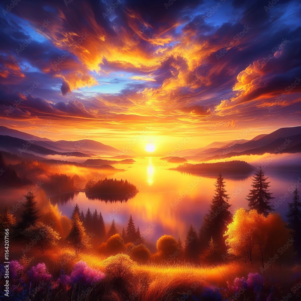 Fototapeta premium Sunrise Over a Lake Warm golden hues blending into cool blues an