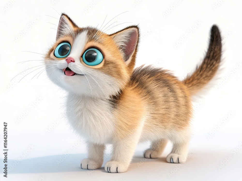 Fototapeta premium Cute little cat with big eyes on white background.