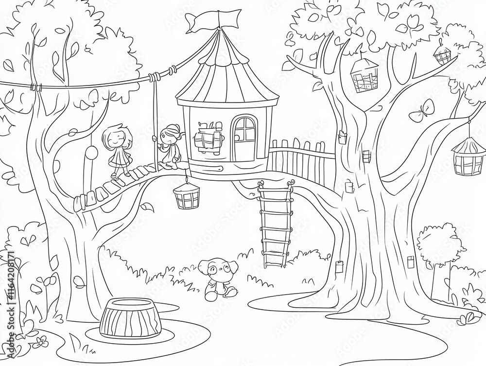 Naklejka premium A whimsical treehouse village coloring book design with rope bridges, tiny lanterns hanging from branches, and children playing in the treetops. Add detailed bark textures on the trees and intricate 