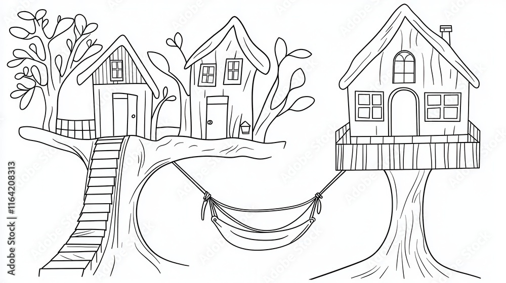 Naklejka premium A whimsical treehouse village coloring book page featuring rope bridges connecting the houses, children playing in hammocks, and lanterns lighting the paths. Add intricate wood textures on the 