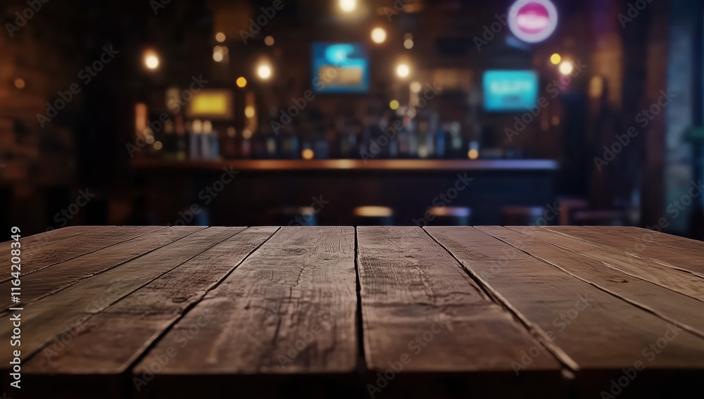 Empty wooden table top with a blurred bokeh background of an interior bar or cafe in the evening, suitable for product display, product advertisement, and e-commerce design concepts. Empty wooden table top with a blurred bokeh background of an interior bar or cafe in the evening, suitable for product display, product advertisement, and e-commerce design concepts.