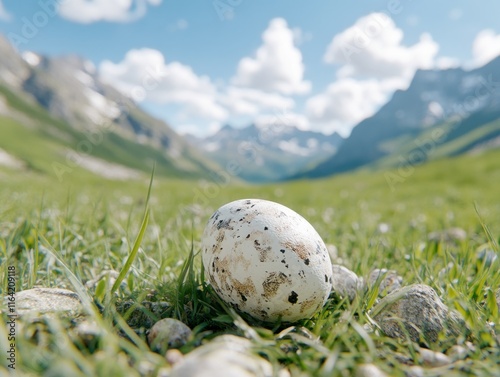 Discover the magic in an enchanting meadow where every hidden egg reveals a surprise gift when opened This captivating image captures a speckled egg nestled in vibrant green grass with majestic photo