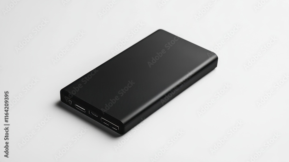 Sleek Black Power Bank with Multiple USB Ports on White Background Sleek Black Power Bank with Multiple USB Ports on White Background