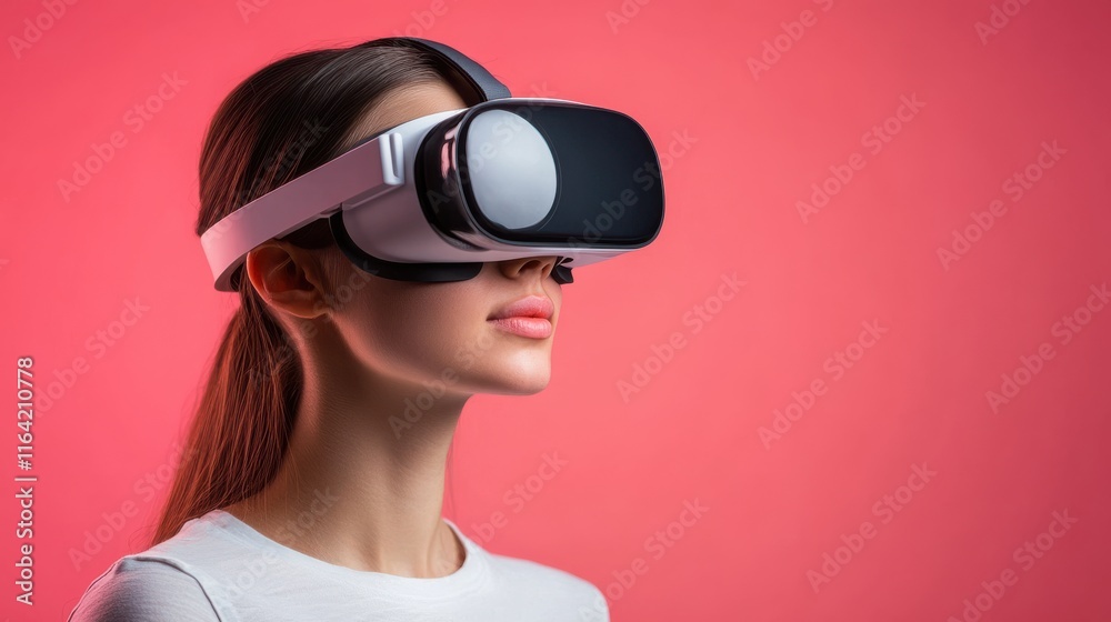 Young Woman with Long Hair Experiencing Virtual Reality Through Innovative VR Headset Against Bright Pink Background Young Woman with Long Hair Experiencing Virtual Reality Through Innovative VR Headset Against Bright Pink Background