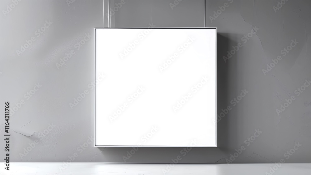 3D rendering of a hanging white wall sign, square billboard, signboard on a gray background 3D rendering of a hanging white wall sign, square billboard, signboard on a gray background