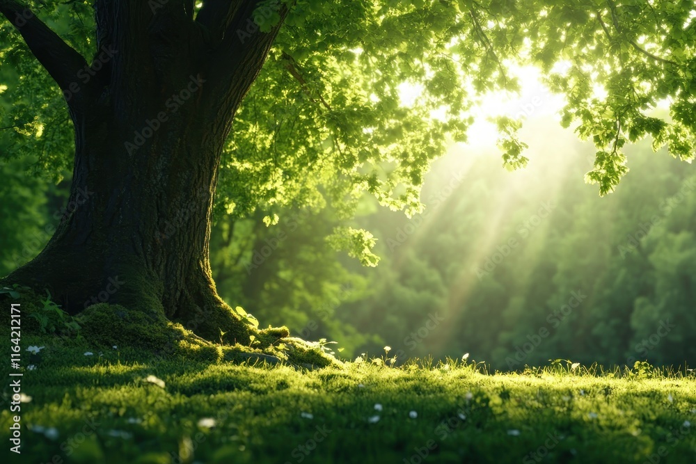 Obraz premium Experience the serenity of Gathering for Spring Peace amidst lush foliage in a tranquil forest clearing where dappled sunlight filters through the trees as people enjoy quiet moments in natures