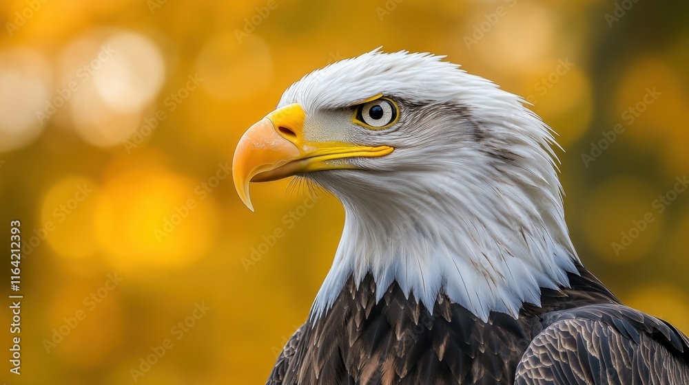 Obraz premium Majestic Bald Eagle with Detailed Feathers Against Golden Background