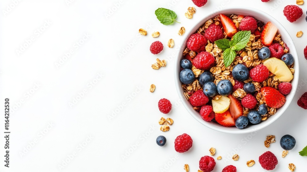 Fresh Mixed Berry and Granola Bowl with Mint on White Background Fresh Mixed Berry and Granola Bowl with Mint on White Background
