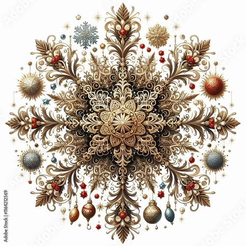 Snowflake with Ornaments A snowflake with ornaments and a festiv photo