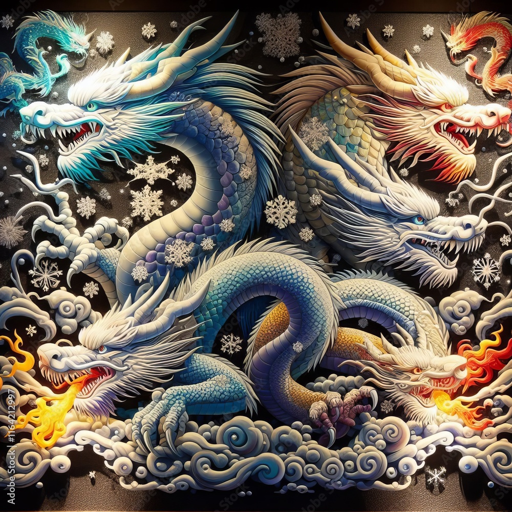 Snowy Dragons A few snow covered dragons with a few snowflakes a Snowy Dragons A few snow covered dragons with a few snowflakes a