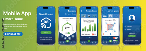 A sleek smart home application interface template featuring modern icons and a gradient design. Includes navigation menus for managing devices, monitoring security, controlling temperature
