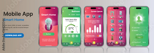 A sleek smart home application interface template featuring modern icons and a gradient design. Includes navigation menus for managing devices, monitoring security, controlling temperature