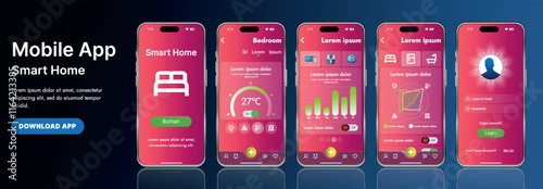 A sleek smart home application interface template featuring modern icons and a gradient design. Includes navigation menus for managing devices, monitoring security, controlling temperature
