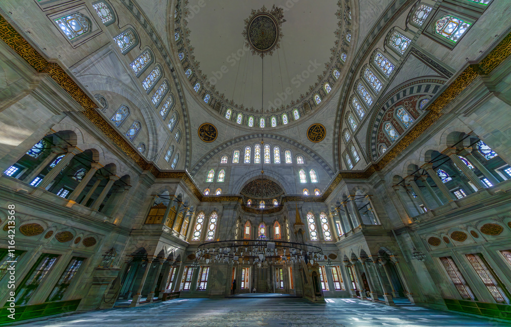 A beautiful view of the Nuruosmaniye Camii, the mosque near the Grand Bazaar in Istanbul, Turkey