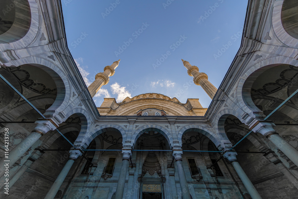 A beautiful view of the Nuruosmaniye Camii, the mosque near the Grand Bazaar in Istanbul, Turkey