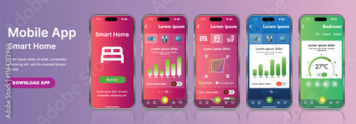 A sleek smart home application interface template featuring modern icons and a gradient design. Includes navigation menus for managing devices, monitoring security, controlling temperature