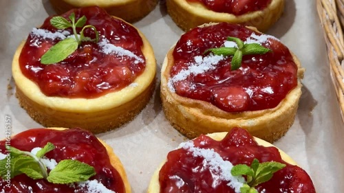 Delicious strawberry tarts are in a basket in the window of a bakery or pastry shop. pastries and cakes at the bakery.