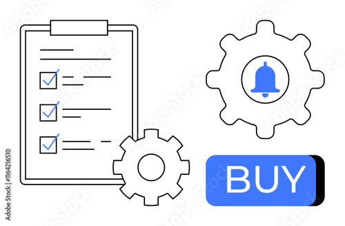 Task checklist with completed tasks, two gear icons, one featuring a notification bell, and a blue Buy button. Ideal for productivity tools, online shopping, reminders, task management, automation