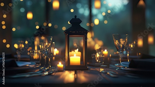 A candlelit table set for a festive dinner, with lanterns providing a warm glow in the background. photo