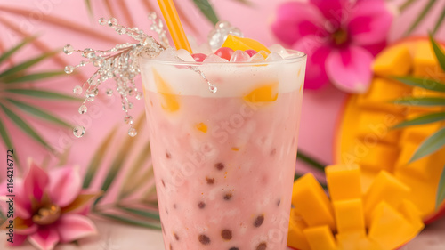 vector, illustartion. Exotic Mango bubble tea, tapoica pearls. pink boba drink. tropical background. Capture dramatic splash. Creative Dynamic compotition vary angle. Food photography, taken by  photo