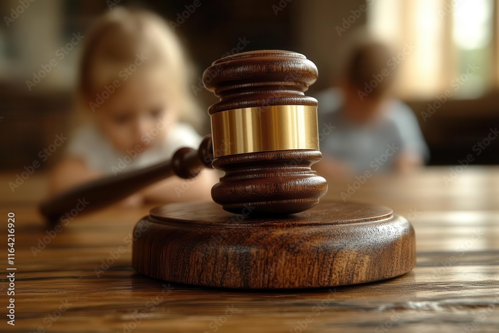 closeup of a gavel resting on a polished wooden table with a blurred image of a child playing in the background symbolizing the emotional complexities of child custody issues closeup of a gavel resting on a polished wooden table with a blurred image of a child playing in the background symbolizing the emotional complexities of child custody issues