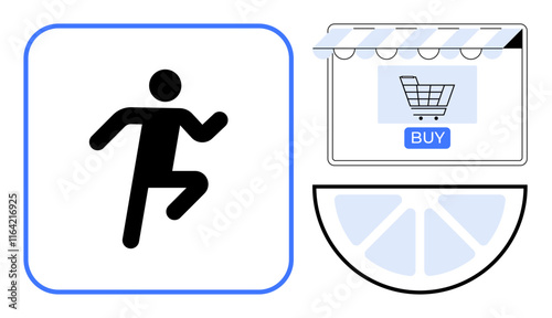 Simplified figure running, online storefront with a shopping cart button, and segmented circle. Ideal for e-commerce, digital marketing, consumer behavior, online shopping, physical activity, user