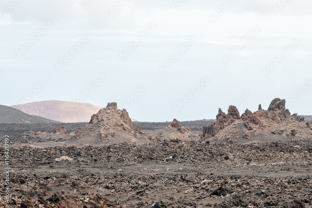 Volcanic lava mountains in Timanfaya National Park in Lanzarote in Spain