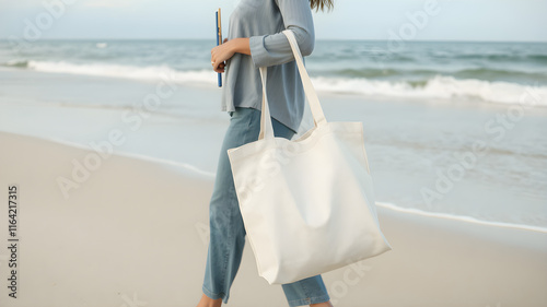 A woman holding a blank fabric tote bag while walking on a beach, soft sand and sea in the background, hyper-realistic 8K
