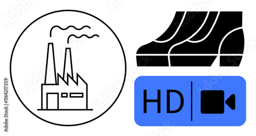 Industrial factory emitting smoke, boots symbolizing productivity and labor, HD video icon for communication and media. Ideal for manufacturing, industry, labor, workplace, video quality