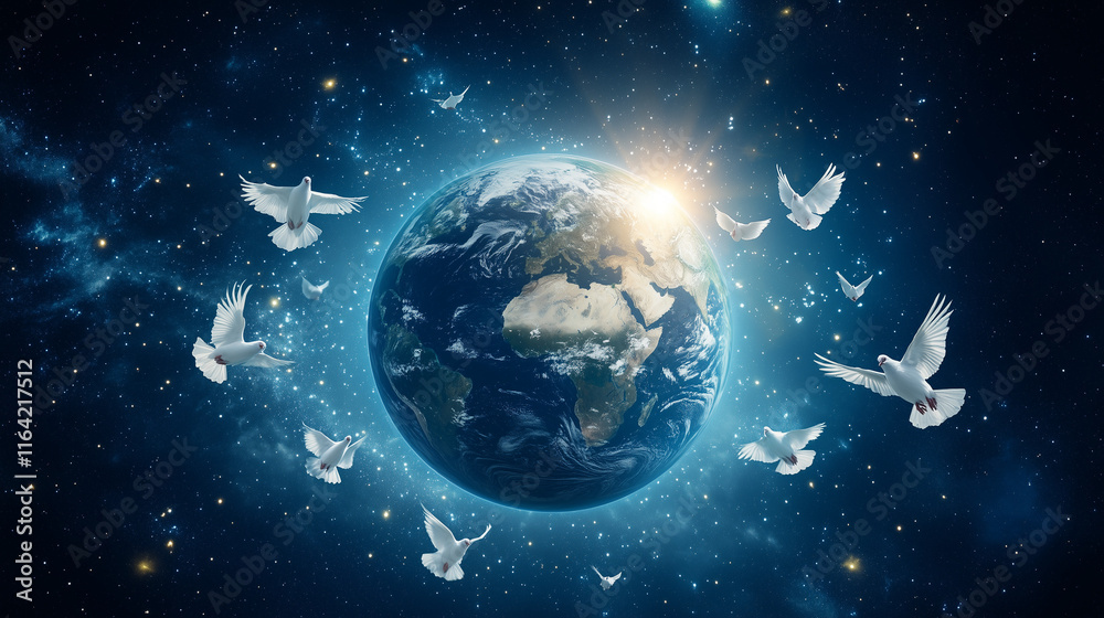 Fototapeta premium Earth surrounded by doves of peace in outer space