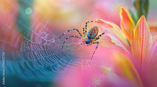 A vibrant spider weaving a delicate web among colorful flowers.