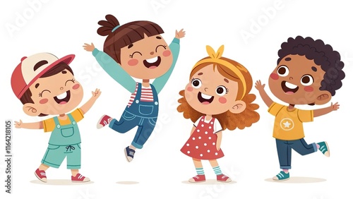 Adorable boy and girl dancing joyfully, playful cartoon illustration, isolated on white.  