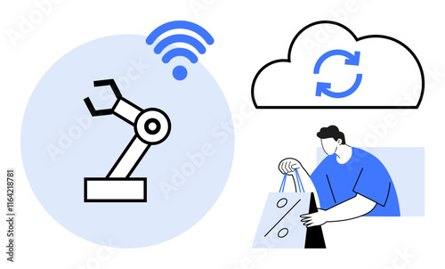 Robotic arm with wireless symbol, cloud synchronization icon, and person with shopping bags featuring a discount sign. Ideal for automation, cloud computing, IoT, e-commerce, machine learning photo