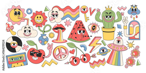 Trendy retro groovy elements, weather mascot, comic fruits characters, decorative space object set