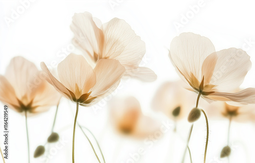 Delicate pastel-colored flowers stretch towards the light, their translucent petals softly glowing in the gentle sunlight of a peaceful garden setting.