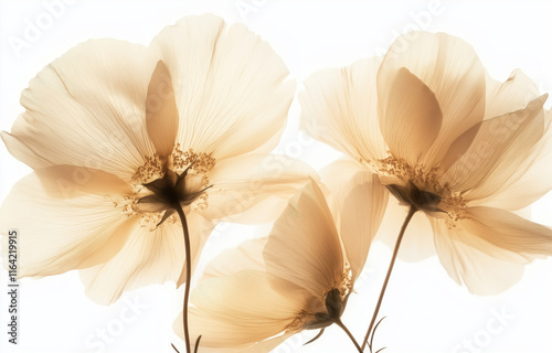 Soft pastel flowers bloom brightly in gentle sunlight, creating a serene and delicate atmosphere in the garden