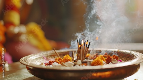 Intricate Brass Plate with Incense Sticks and Colorful Offerings photo