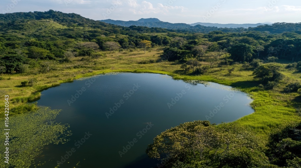 Fototapeta premium A large body of water surrounded by trees and grass