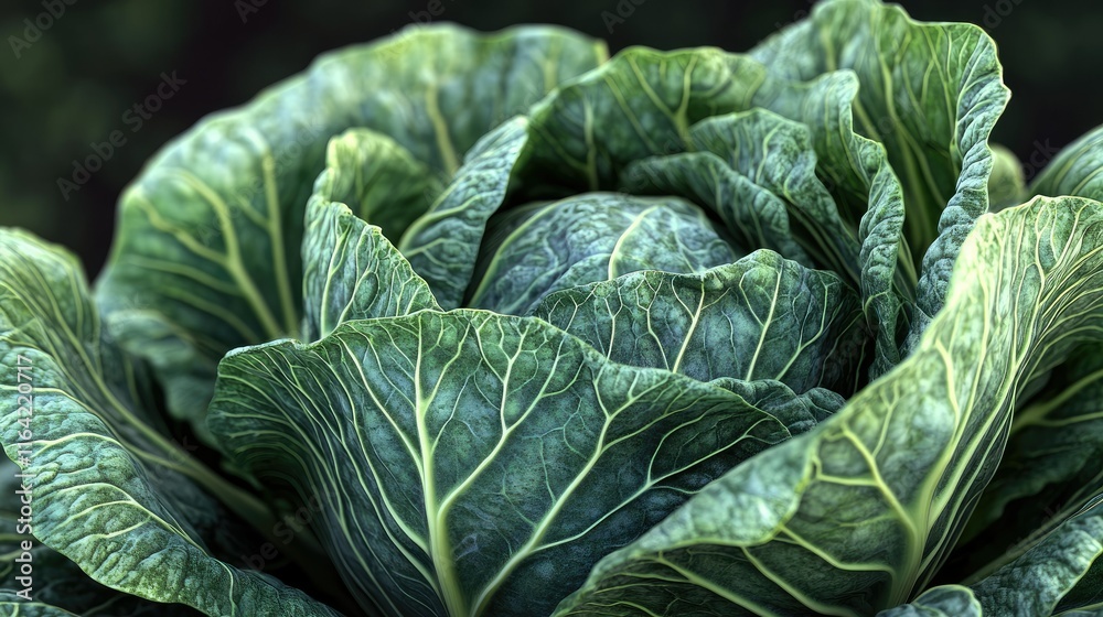 Fototapeta premium Fresh Green Cabbage Leaves Close-Up with Intricate Texture Detail