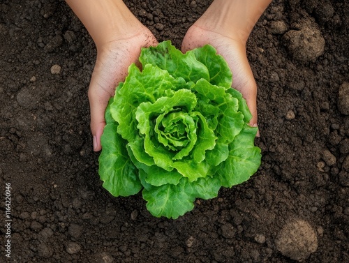 Photo of perspective from above big green lettuce in hands on loose soft earth in garden. agriculture background photo