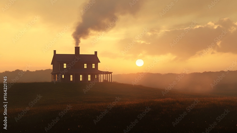 Farmhouse at sunset, smoke from chimney. Farmhouse at sunset, smoke from chimney.