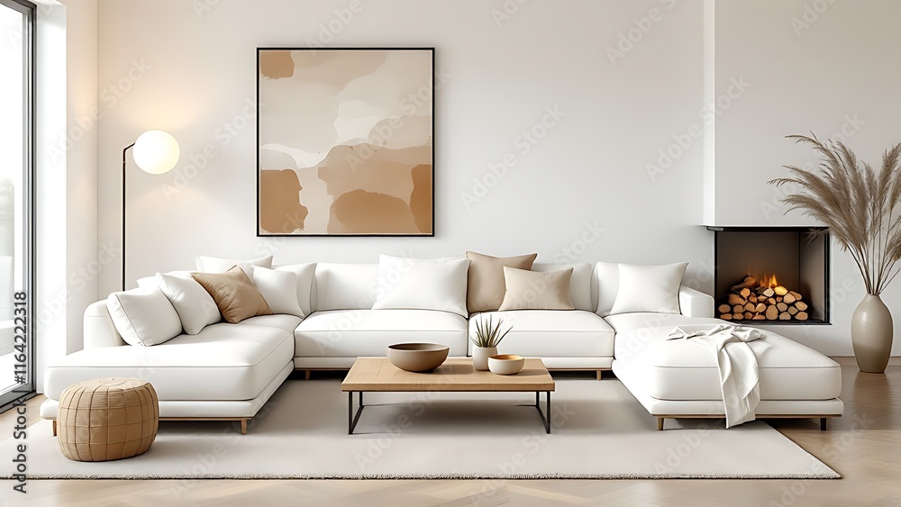 Pouf and side table near white sofa against fireplace and white wall with poster frame. Minimalist interior design of modern living room, home. Pouf and side table near white sofa against fireplace and white wall with poster frame. Minimalist interior design of modern living room, home.