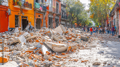 Aftermath of earthquake devastates city street with rubble and concerned citizens