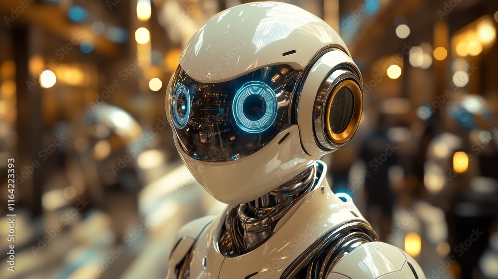 Close-up of a futuristic white robot with glowing blue eyes in an industrial setting. Close-up of a futuristic white robot with glowing blue eyes in an industrial setting.