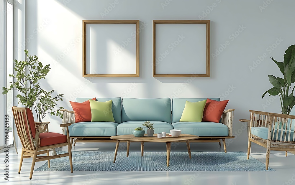 Fototapeta premium Bright living room with teal sofa, wooden chairs, coffee table, plants, and two empty frames.