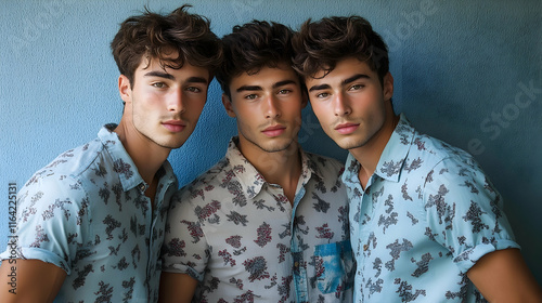 Identical triplet men in casual shirts standing against muted blue wall relaxed portrait photo